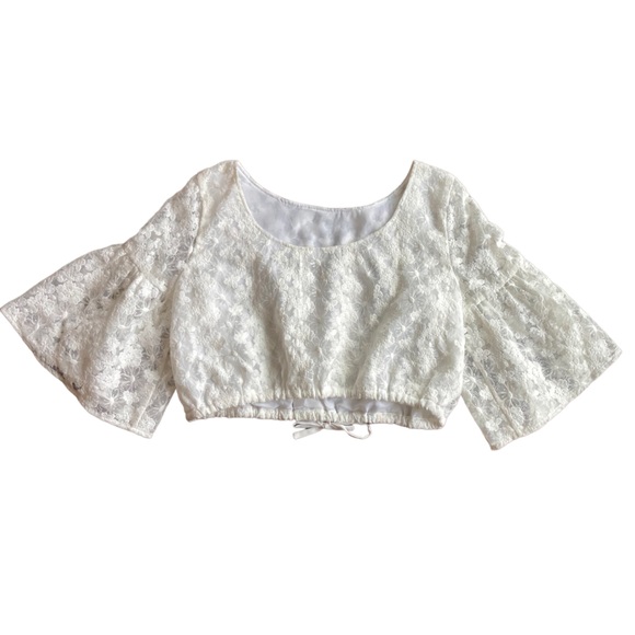 EVER NEW Embroidered White Floral Lace Flared Sleeves Cotton Crop Top Size L - Picture 2 of 5